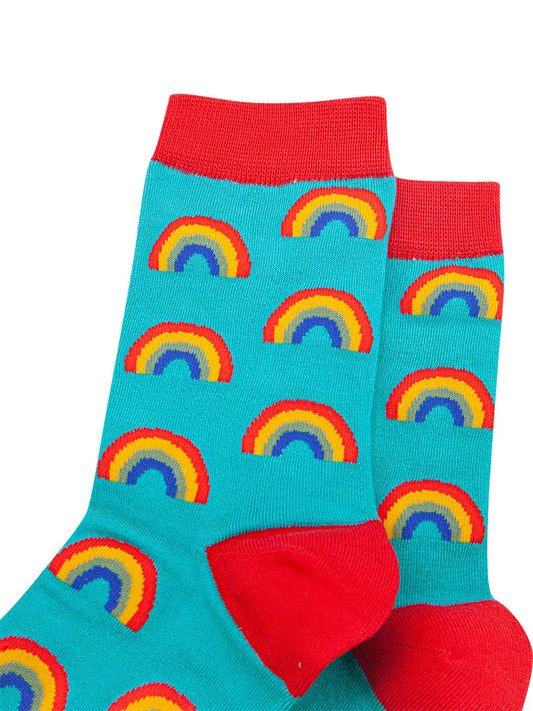turquoise, red bamboo ankle socks with multicoloured rainbows all over