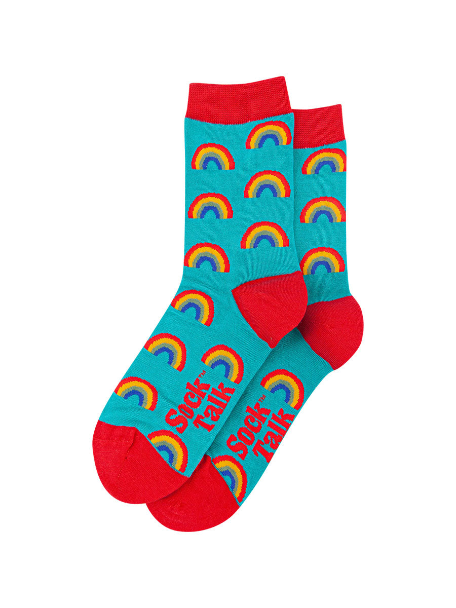 turquoise, red bamboo socks with an all over rainbow print