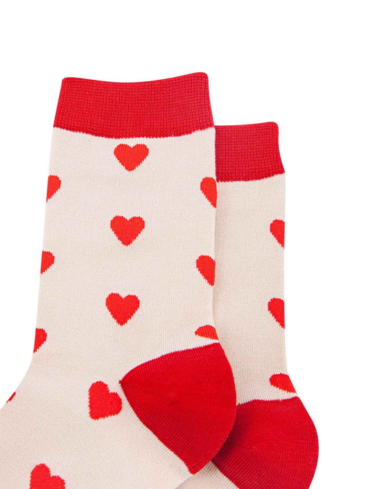 cream, red bamboo socks with an all over red love heart pattern
