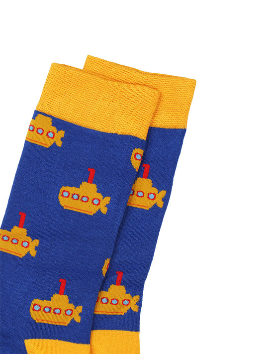 blue bamboo socks with a pattern of yellow submarines and yellow toe, heel and trim