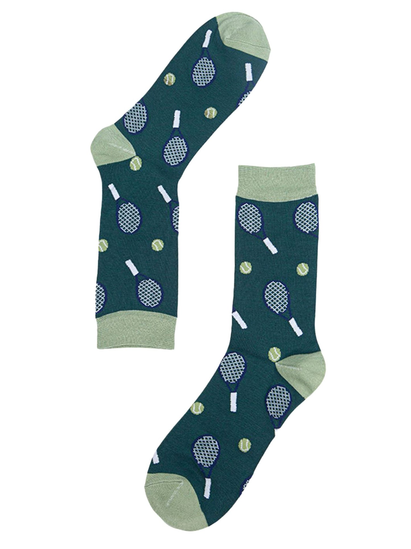 showing the tennis socks with all over pattern of tennis racquets
