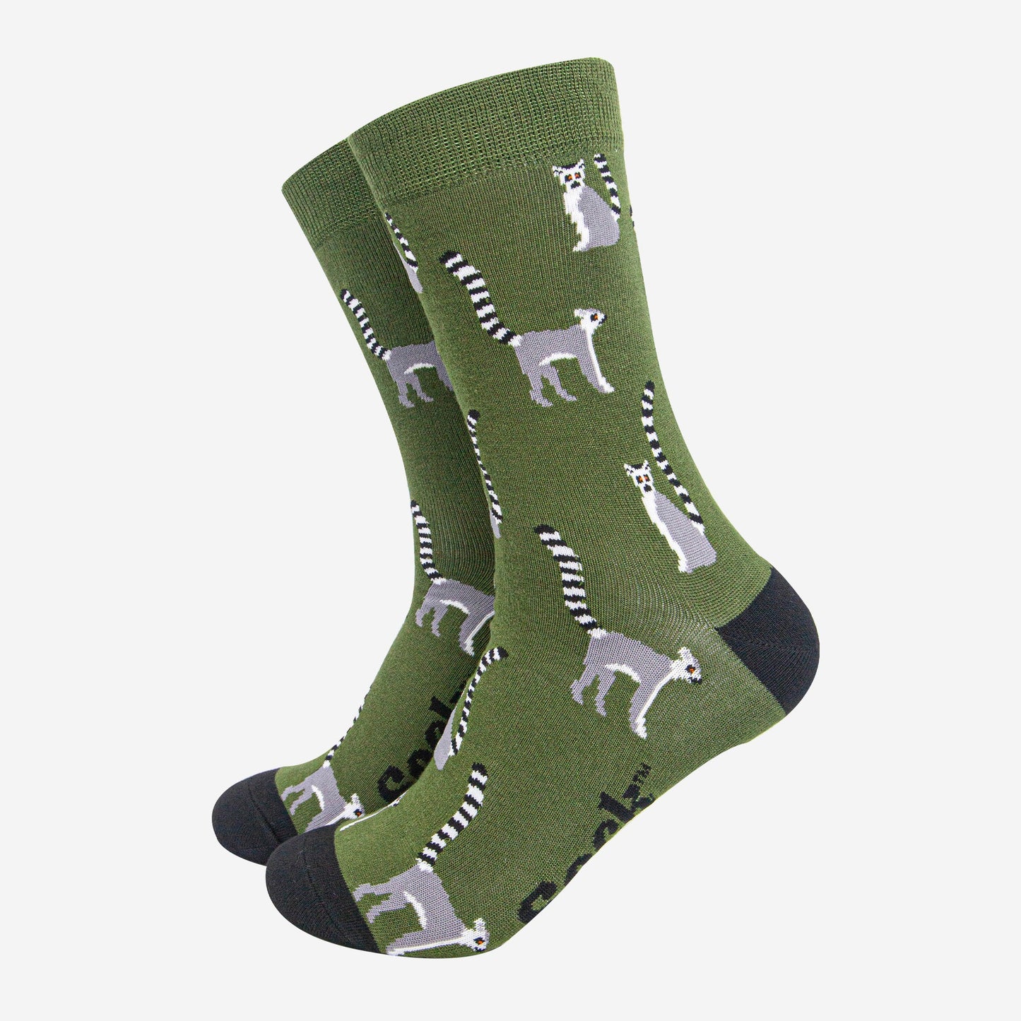 mens-bamboo-socks-dark-green-black-lemur-animals