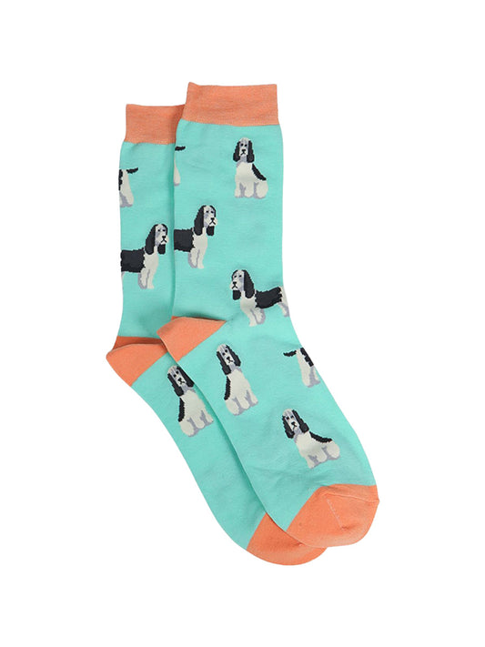 light green socks with an all over pattern of springer spaniel dogs