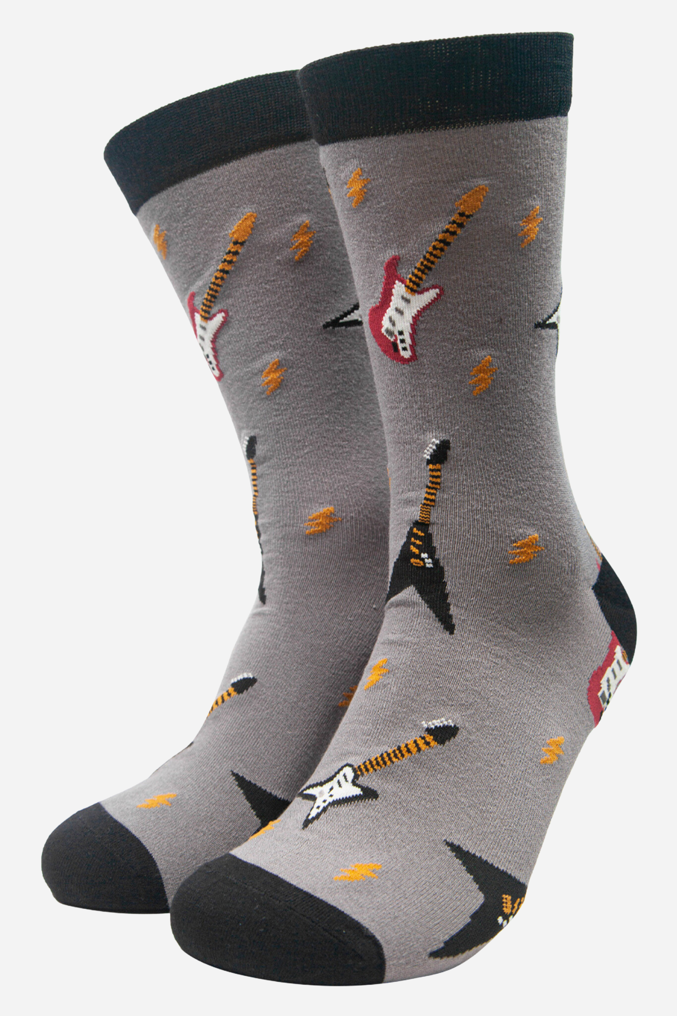 grey bamboo socks with black heel, toe and cuff with an all over pattern of black and red electric guitars and yellow lightning bolts