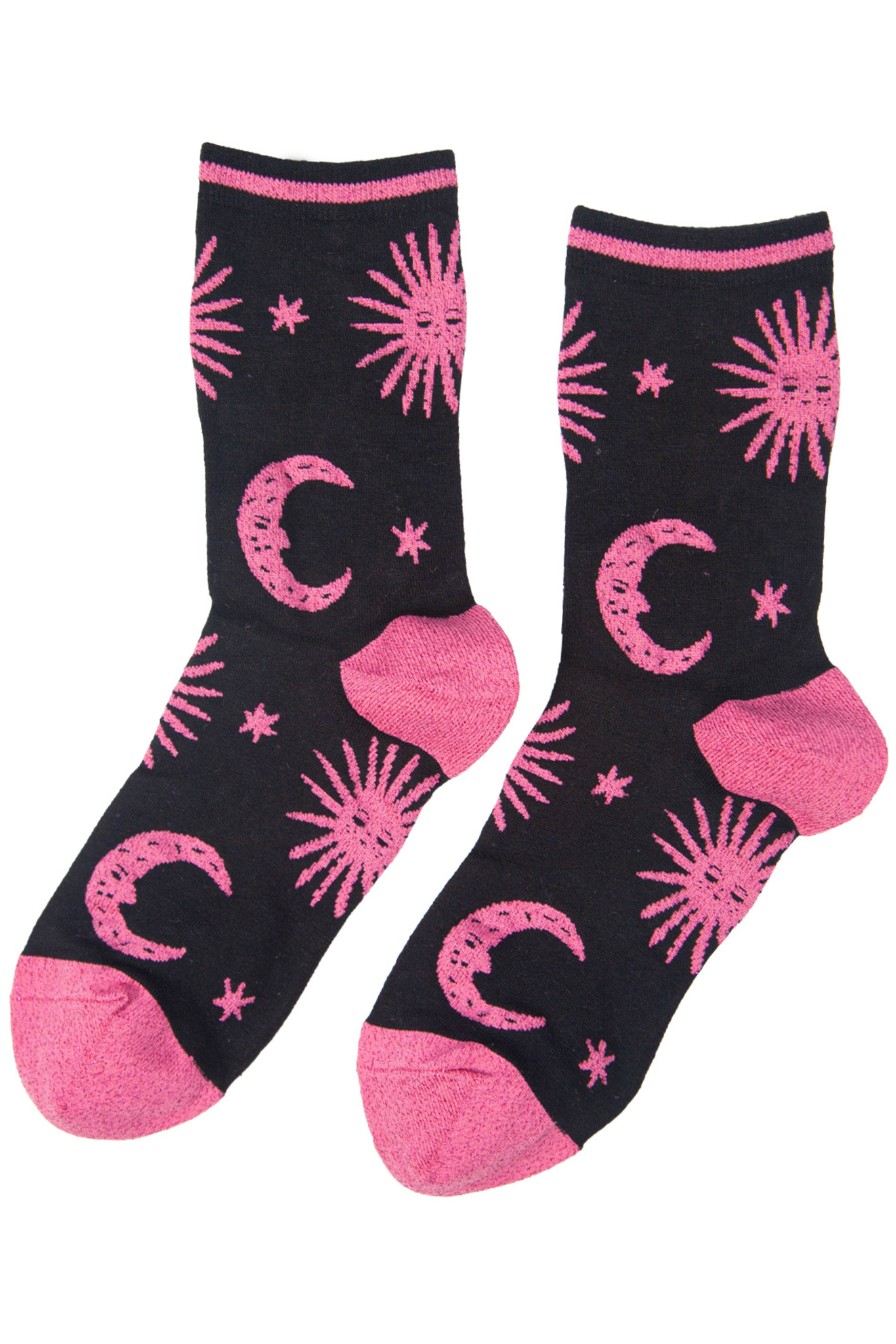 Women's Glitter Bamboo Socks Celestial Print Stars Moon Ankle Socks Pink