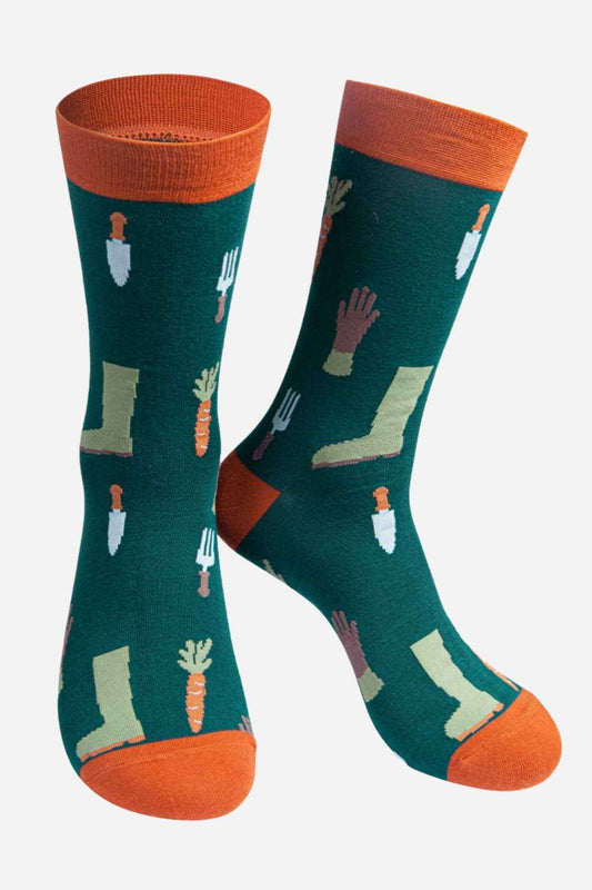 Mens Bamboo Socks Gardening Novelty Socks Tools Green