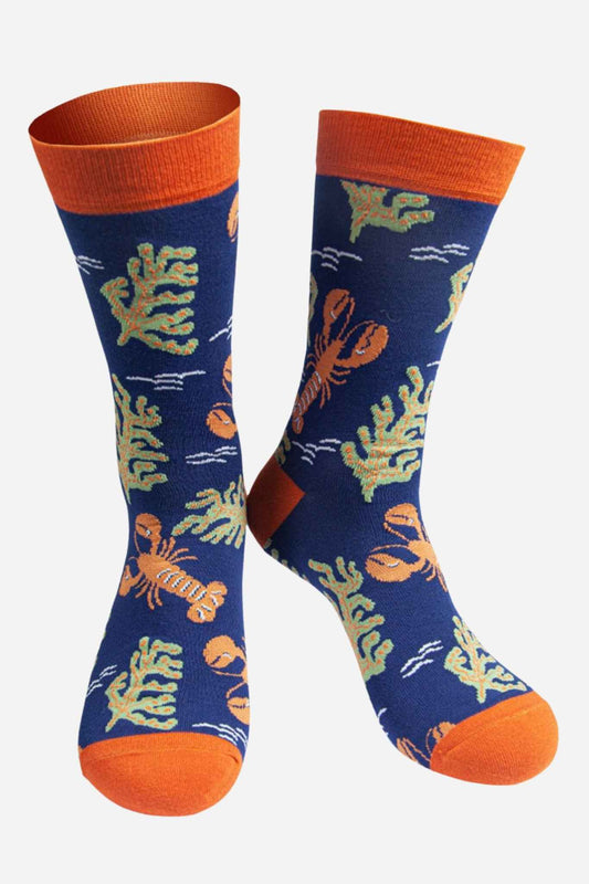 Mens Bamboo Socks Red Lobsters Ocean Animal Socks Navy Blue Orange