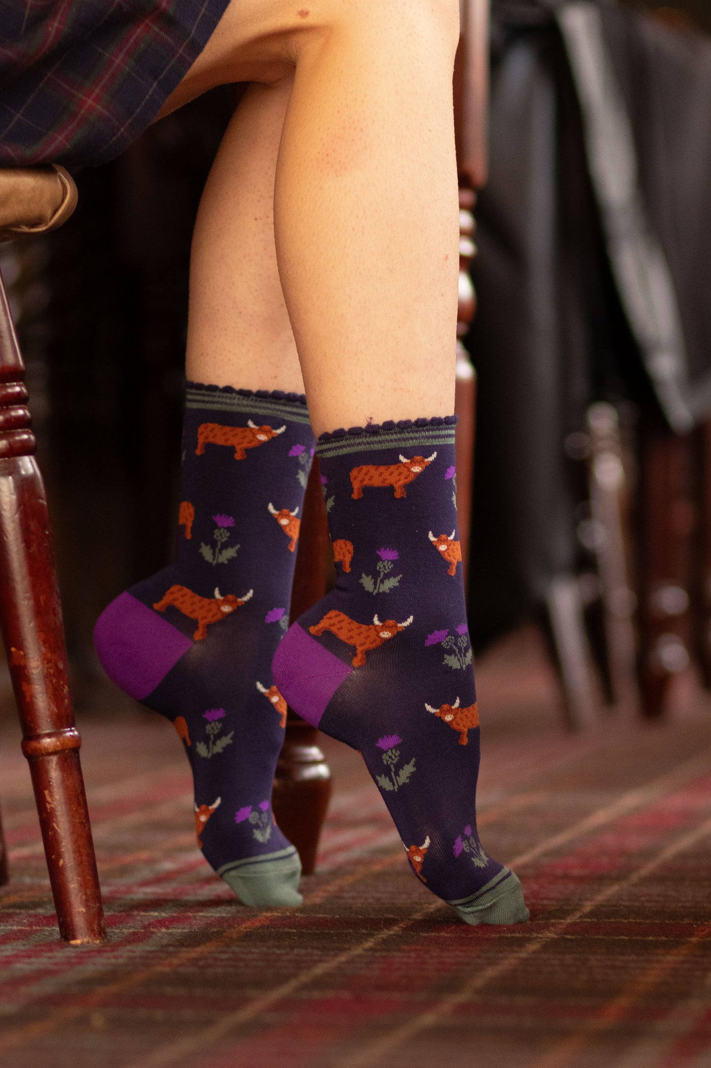 Women's Bamboo Socks - Navy Blue/Purple, Highland Cow Thistles