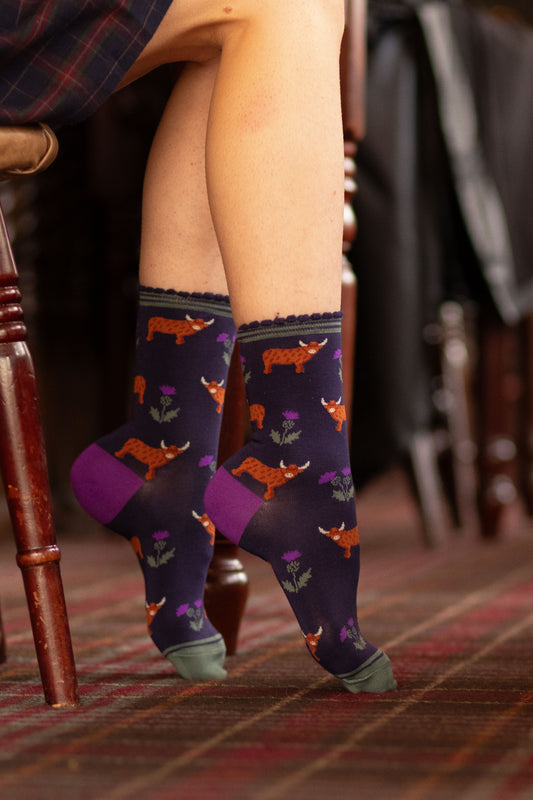 Women's Bamboo Socks - Navy Blue/Purple, Highland Cow Thistles