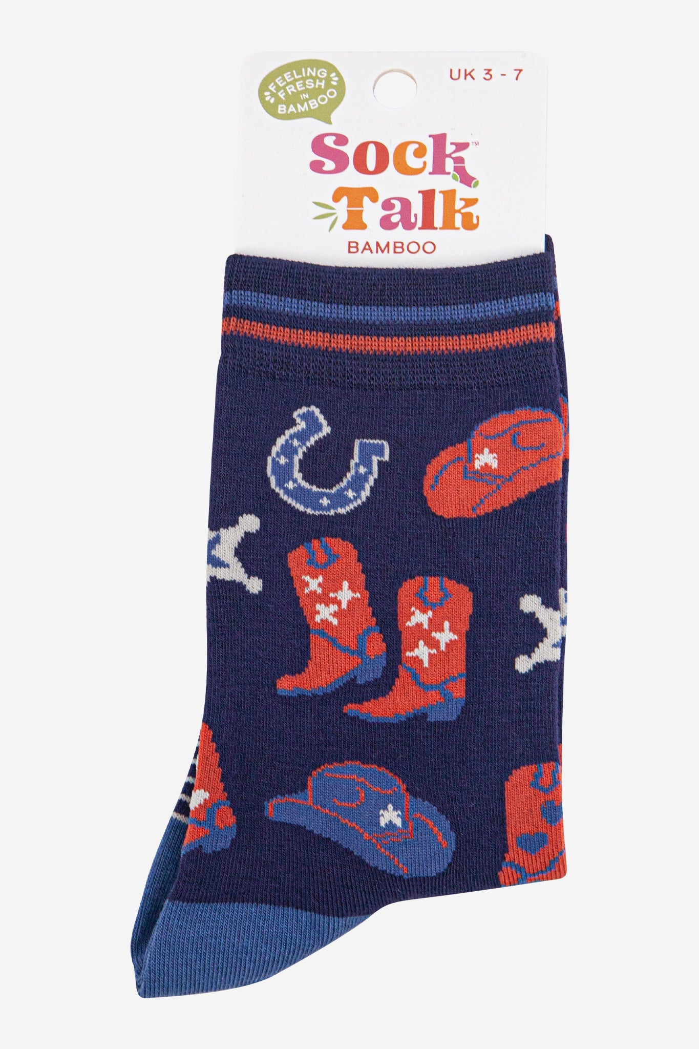 womens-bamboo-socks-navy-blue-denim-blue-cowboy-boots-and-hat-in-sock-talk-packaging
