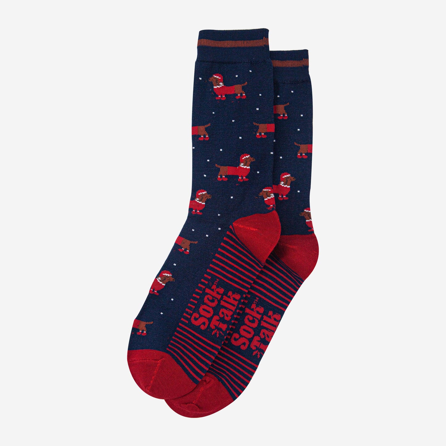 mens-bamboo-socks-navy-blue-red-santa-sausage-dog-laying-flat