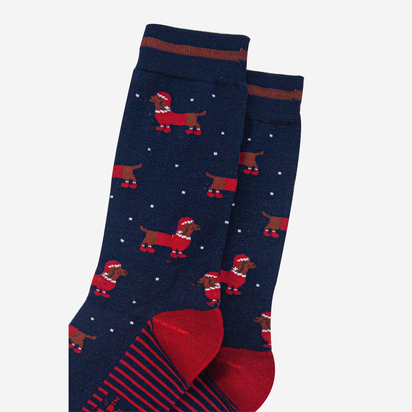 mens-bamboo-socks-navy-blue-red-santa-sausage-dog-close-up