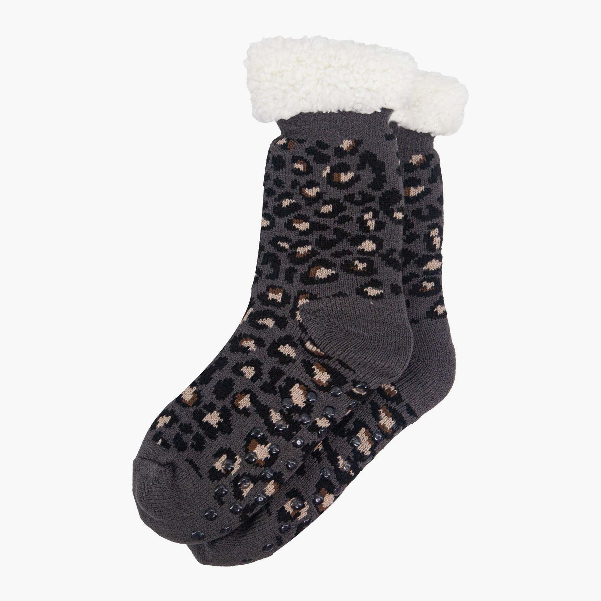 womens-long-slipper-socks-dark-grey-leopard-laying-flat-grip-soles