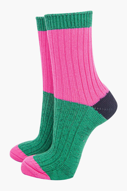 womens-mid-calf-socks-pink-green-colour-block-subtle-glitter-cuff