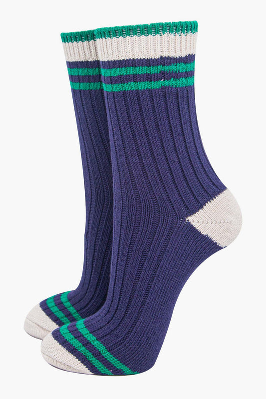 womens-mid-calf-socks-navy-blue-green-striped-cuff-thick-ribbed-cotton