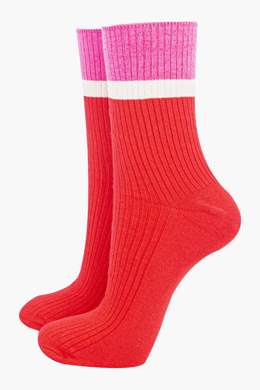 womens-mid-calf-socks-red-pink-contrast-cuff-thick-ribbed-cotton