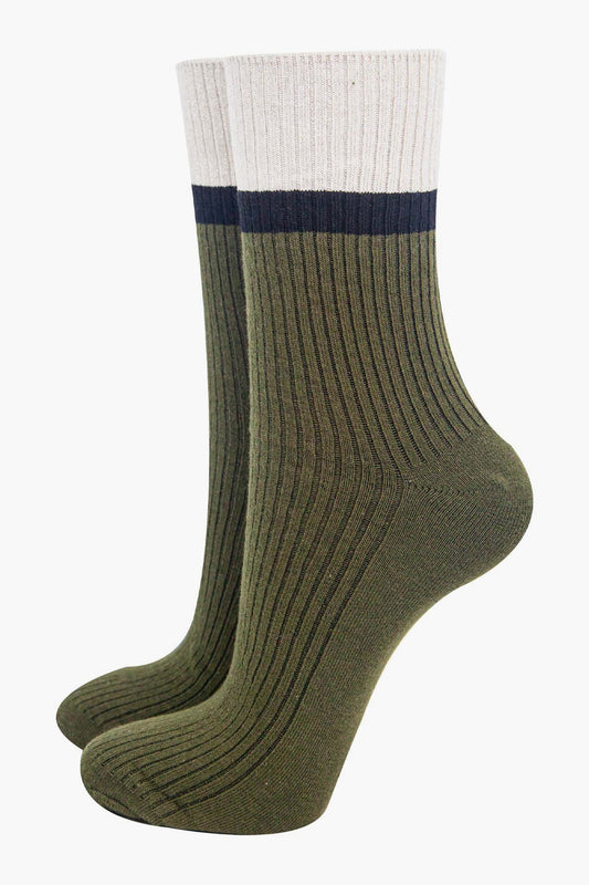 womens-mid-calf-socks-khaki-cream-contrast-cuff-thick-ribbed-cotton