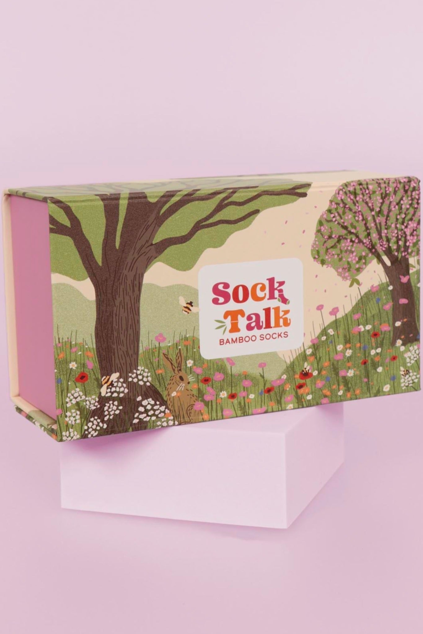Sock Trio Gift Wrap - Green/Pink, Summer Meadow Scene