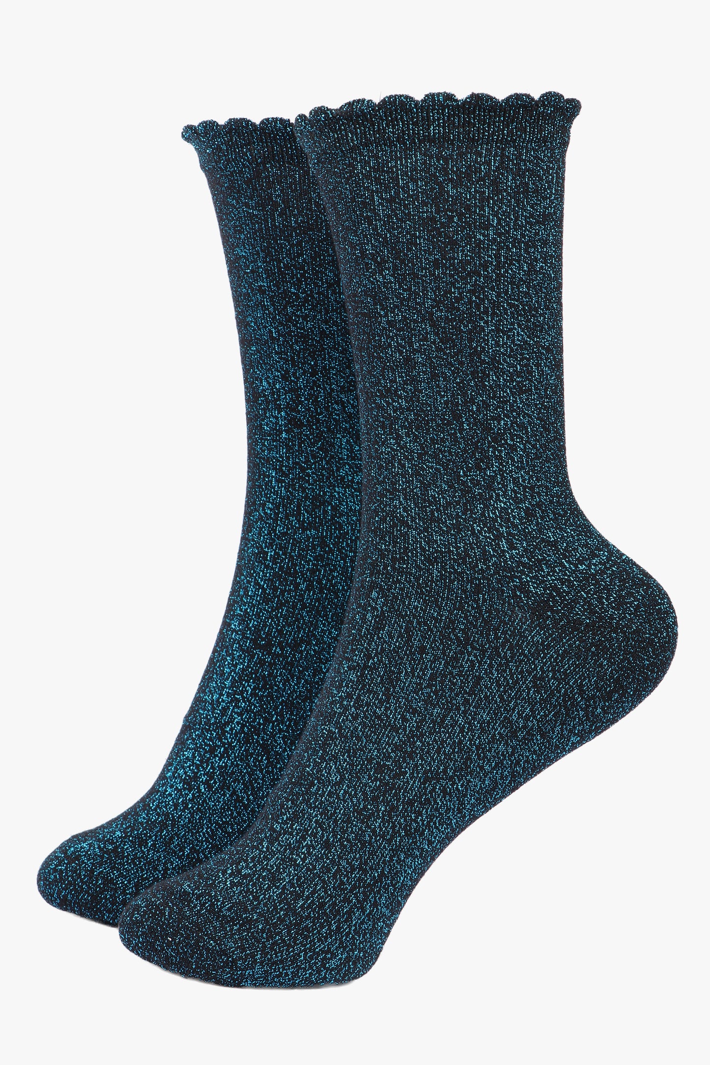Cotton Glitter Socks with Scalloped Cuff Black Turquoise
