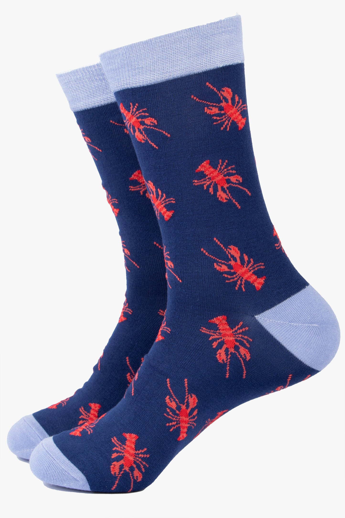 navy blue socks with an all over pattern of red lobsters