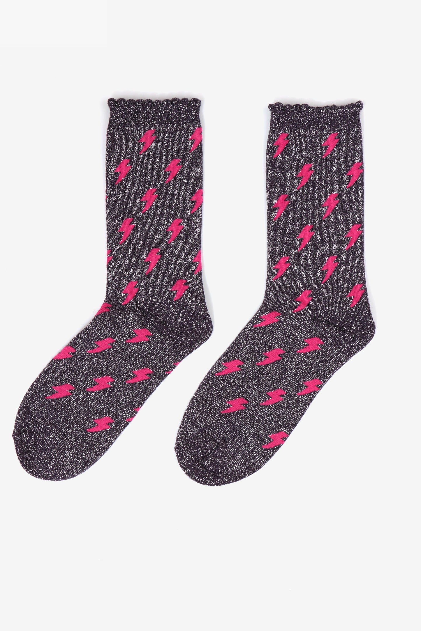 navy blue glitter socks with an all over sparkle effect and a pattern of pink lightning bolts