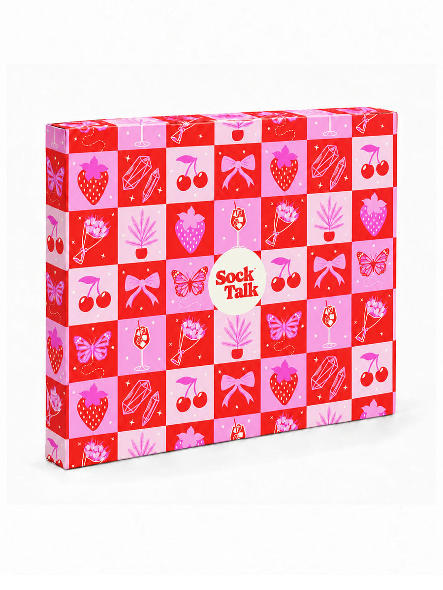 Letterbox Sock Trio Gift Wrap - Pink, Fruity Checkerboard