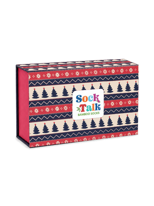 cream, red and blue fair isle design gift box featuring xmas trees and snowflakes