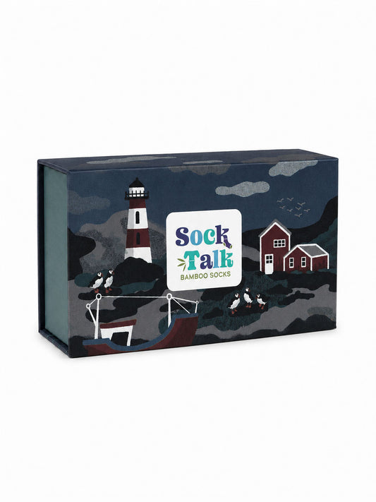 Sock Trio Gift Wrap - Blue, Boat Coastal Scene