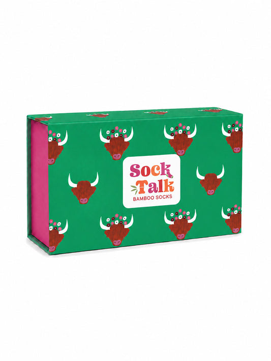 Sock Trio Gift Wrap - Green, Highland Cow