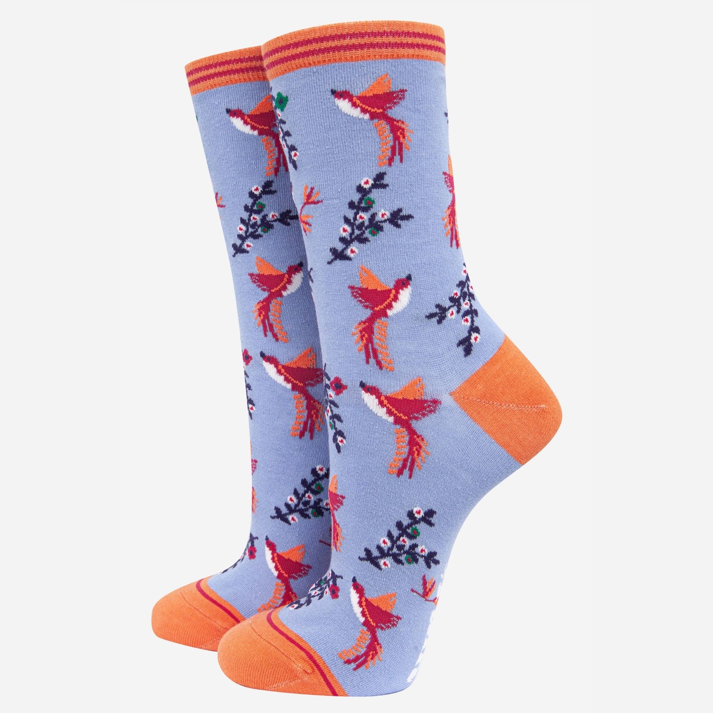 womens-socks-gift-box-orange-jungle-animals-blue-hummingbirds