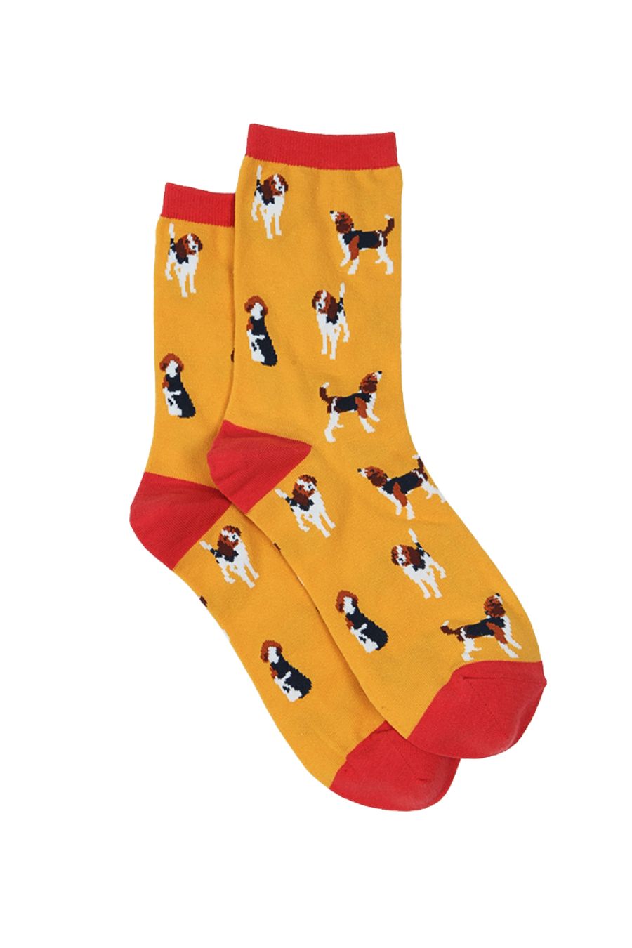 mustard red bamboo socks with beagle dogs