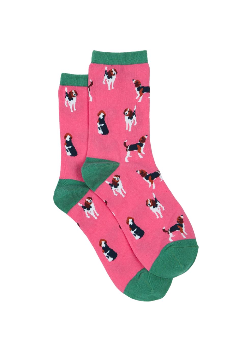 pink and green bamboo socks with beagles on them