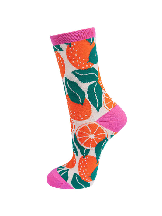 Orange Fruit Bamboo Socks in Cream/Hot Pink
