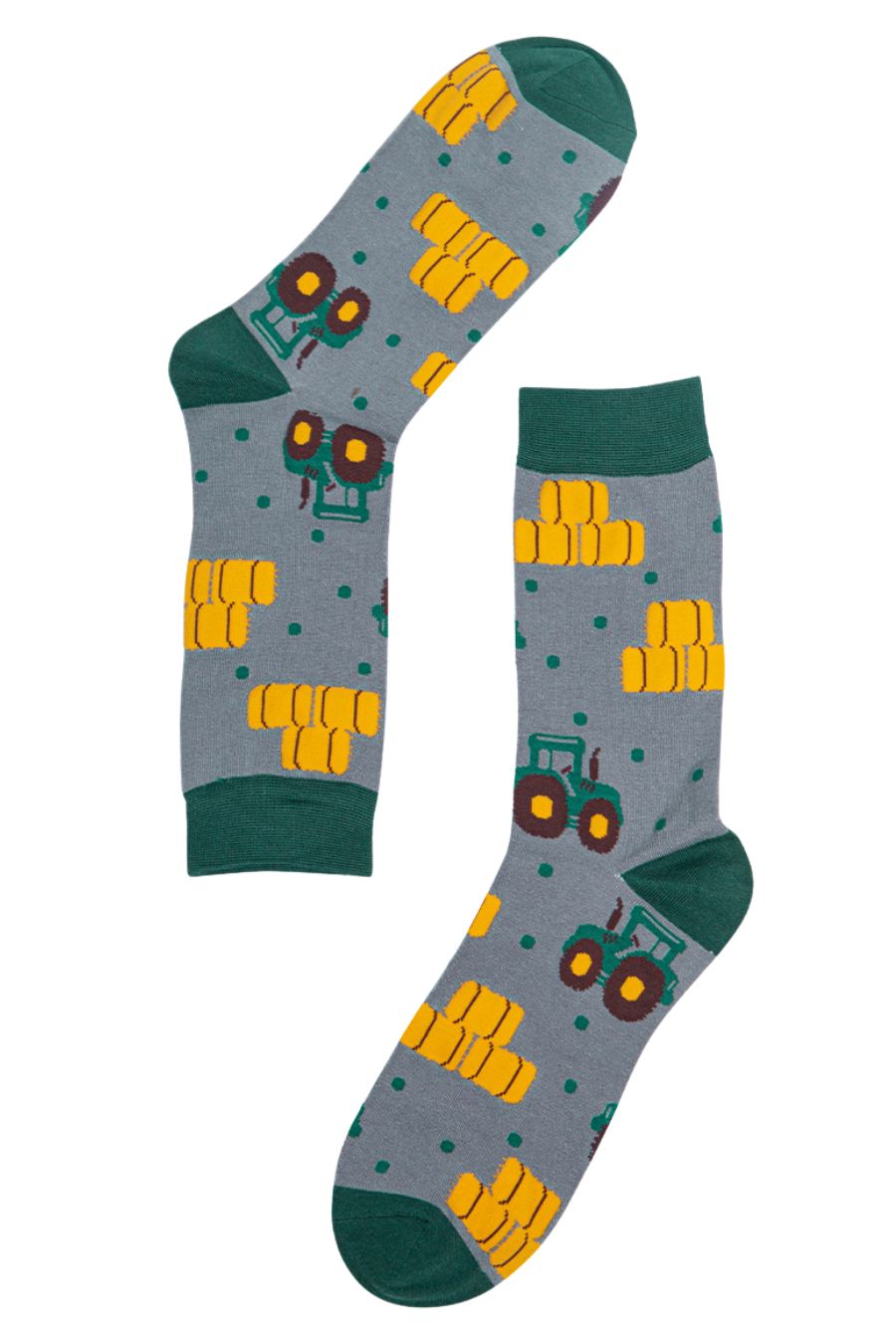 grey, green farming inspired socks with green tractors