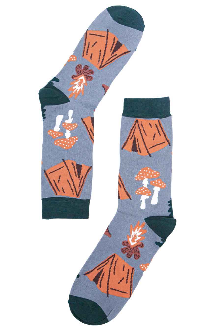 grey and green socks with a pattern of yellow tents, toadstools and a campfire
