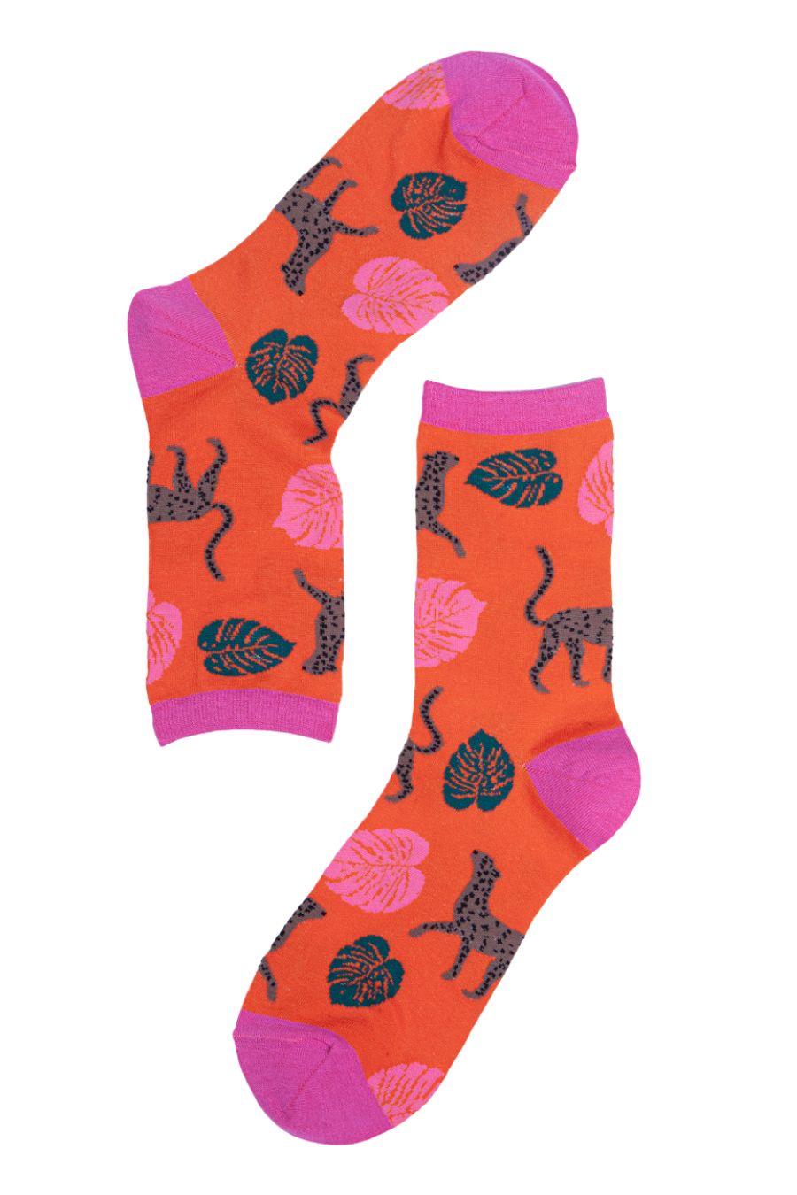 orange bamboo socks with cheetah cats and leaves