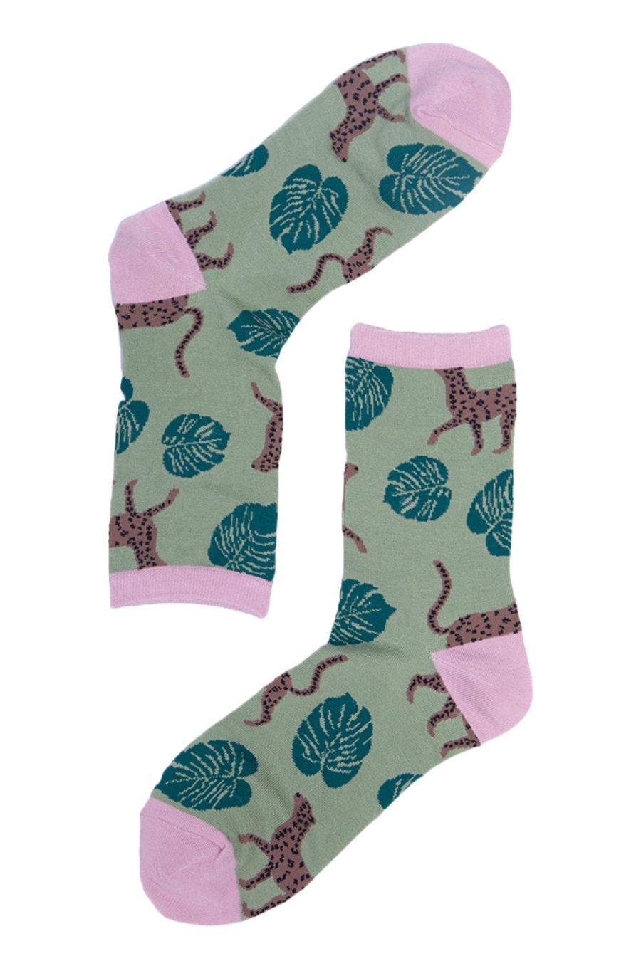 green bamboo socks with green leaves and cheetahs