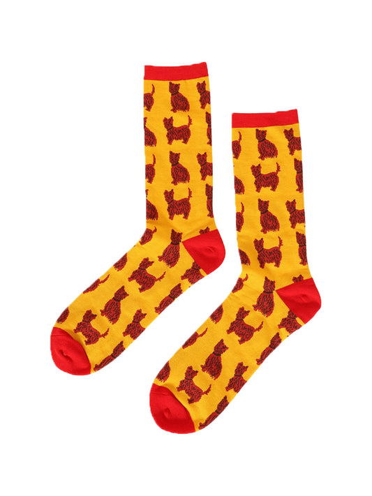 yellow socks with a red heel, toe and cuff with an all over pattern of red schnauzer dogs