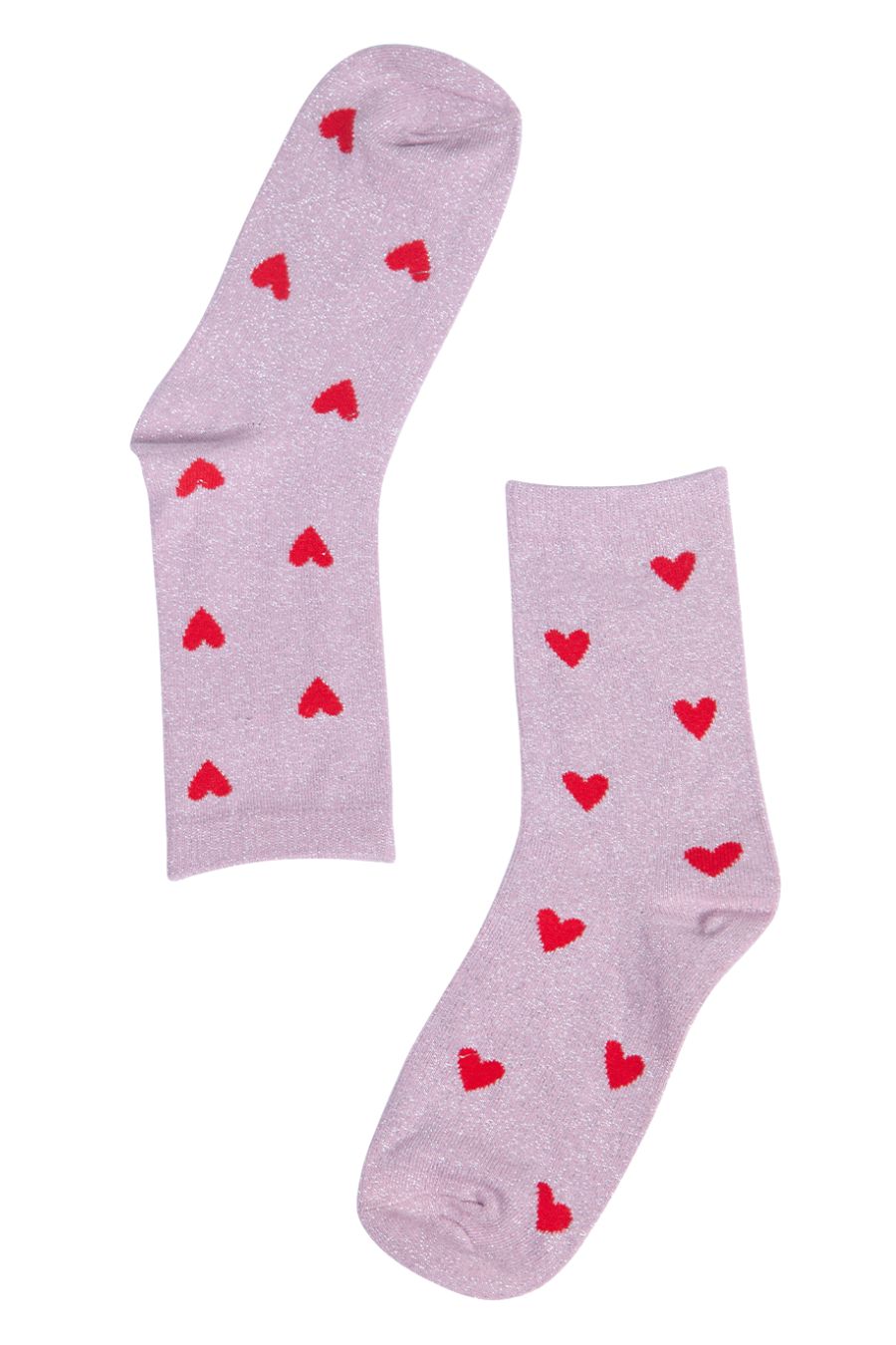 pink sparkly socks with a red love heart print