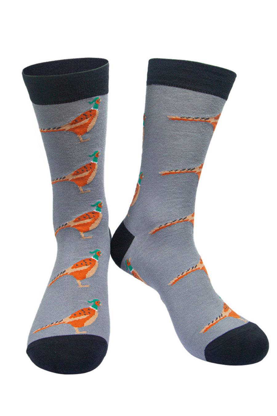 grey socks with orange pheasant birds