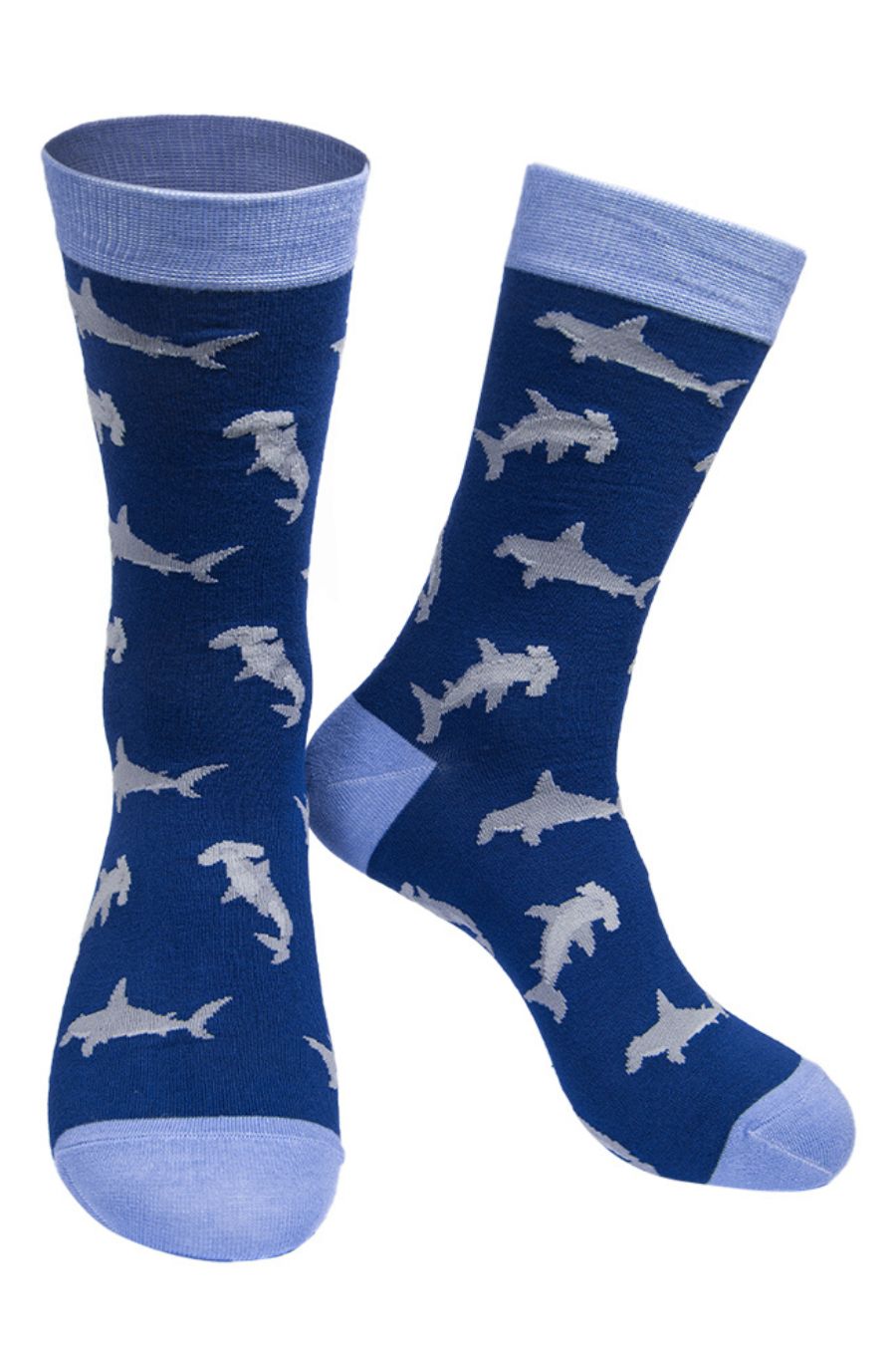 blue dress socks with an all over grey hammerhead shark patttern