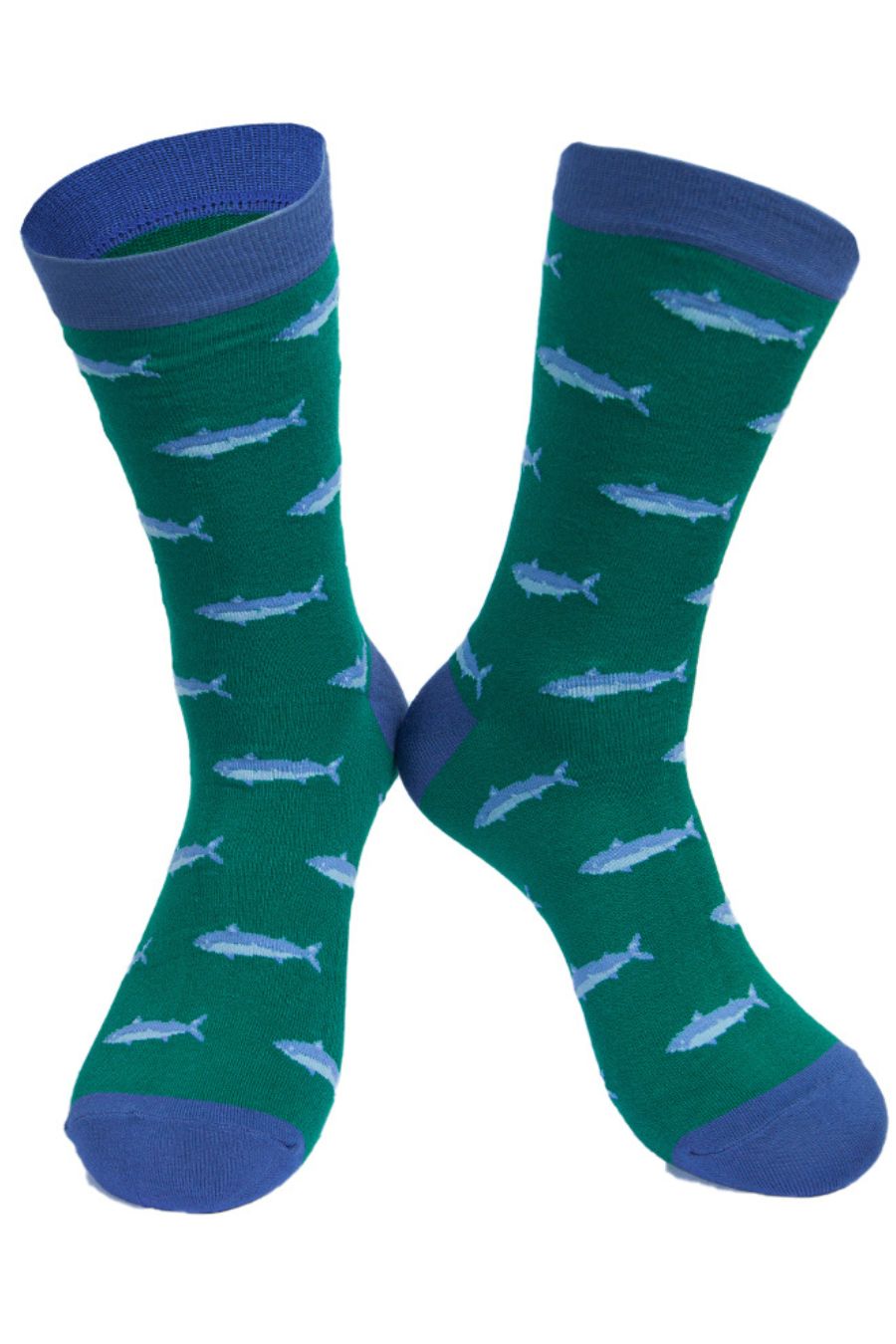 green and blue dress socks with a pattern of fish looking like they are swimming