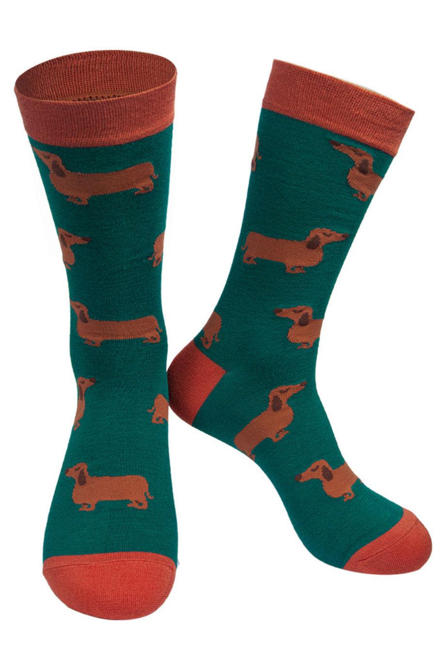 green and brown bamboo dress socks with an all over sausage dog pattern