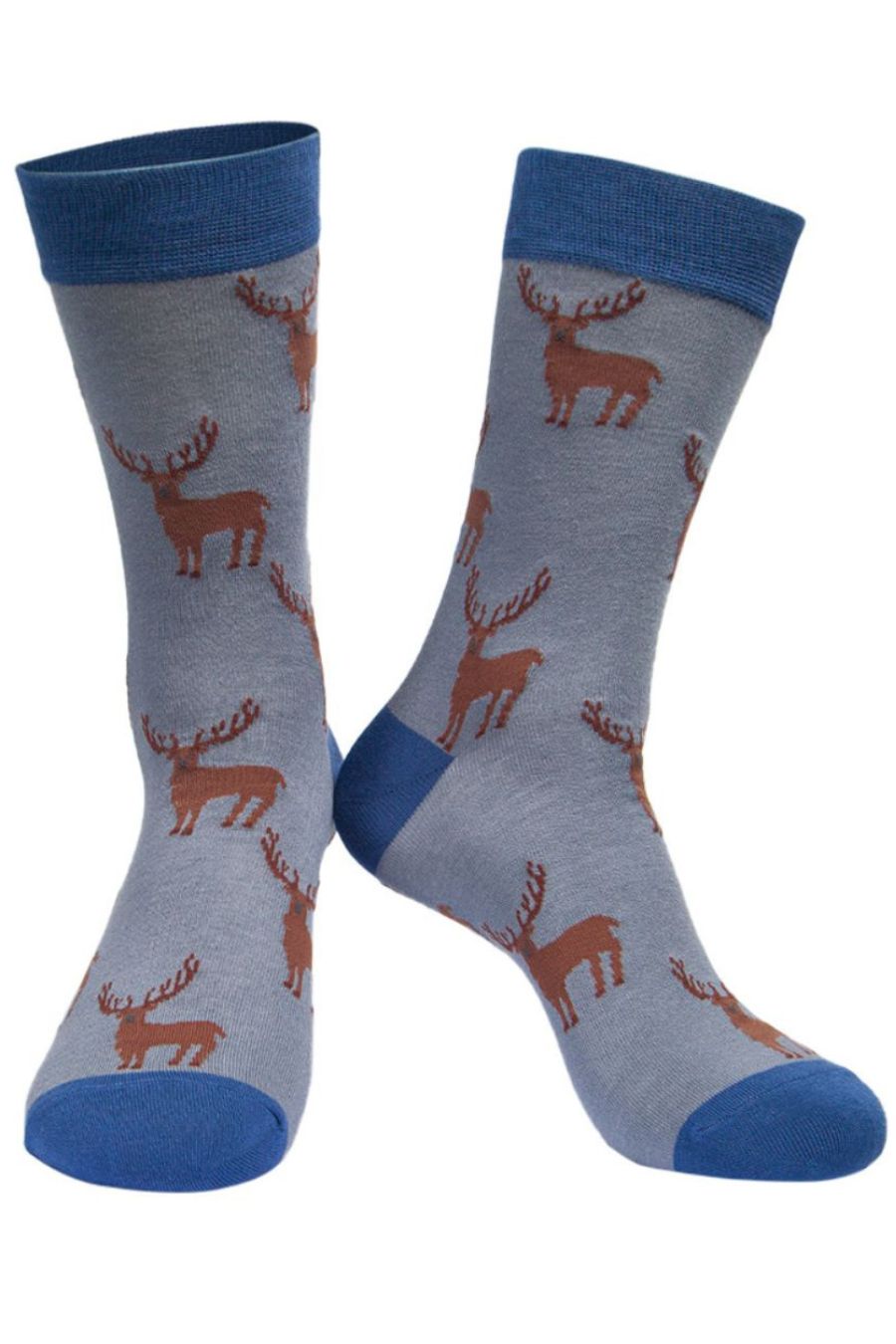 grey and blue bamboo dress socks with Stags on them