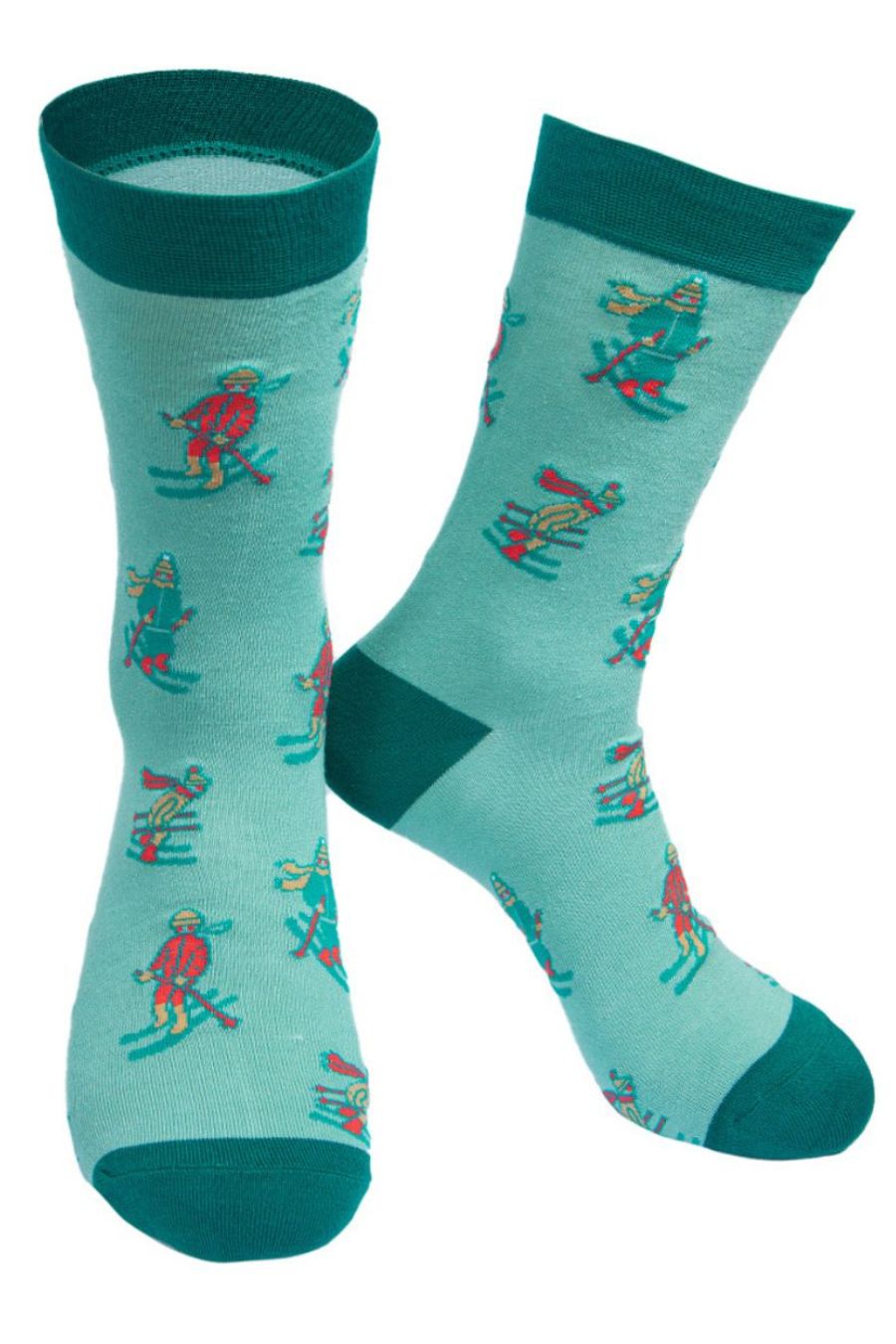 green bamboo socks with cartoon skiers on them