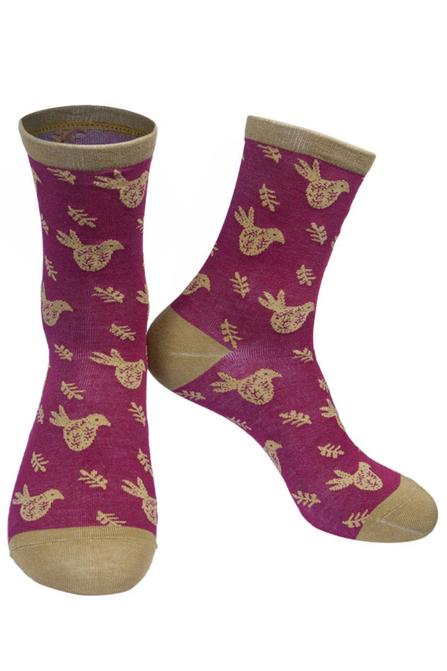 pink ankle socks with an all over scandi bird print in mustard yellow