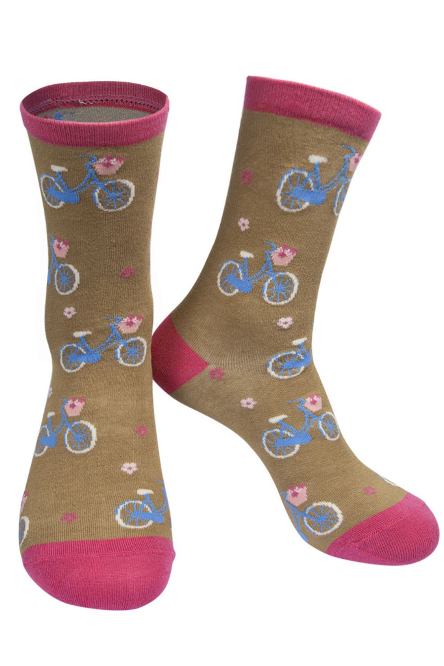 mustard and pink ankle socks with an all over bicycle print
