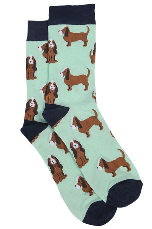 sage green, navy blue dress socks with an all over beagle print