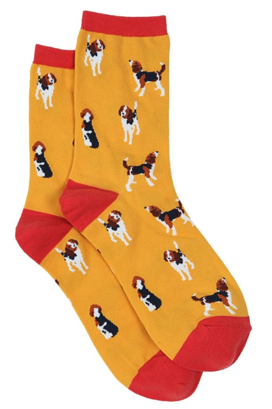 mustard red ankle socks with beagles all over