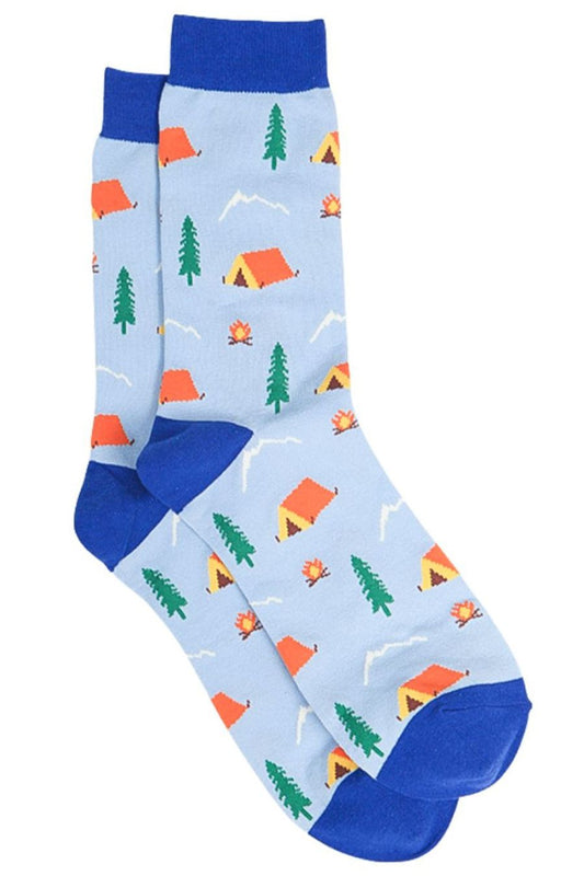 blue bamboo camping socks with tents, trees and campfires